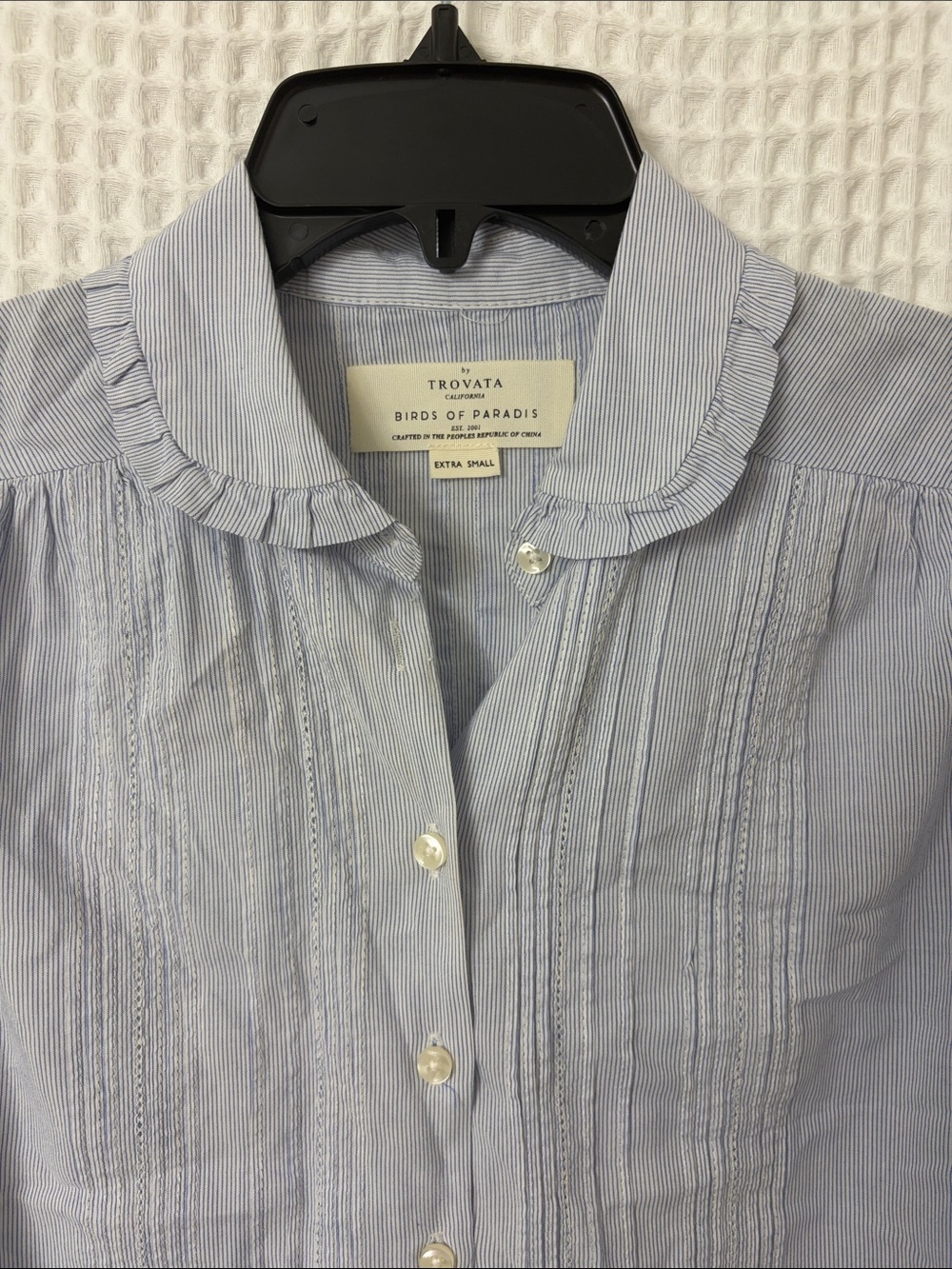 Trovata Birds of Paradis Ruffle Collar Pinstripe Micro Stripe Gemma Blouse XS - Picture 2 of 6